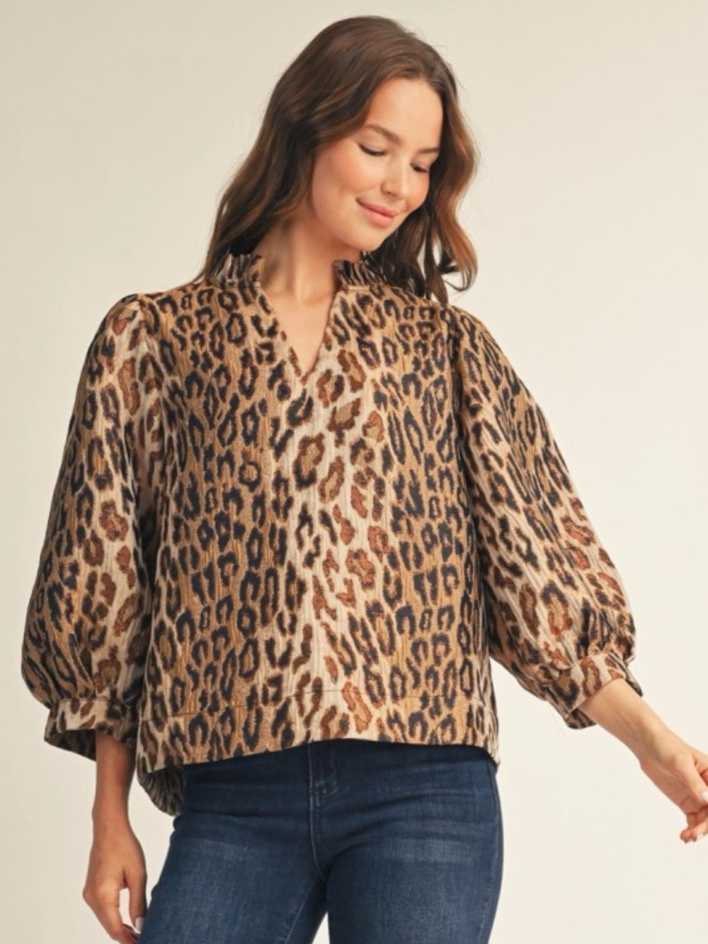 JODIFL Leopard Print V-Neck Balloon Sleeve Tunic - Brown, Black, Cream